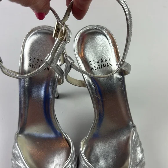 New in box Stuart Weitzman silver “Single” platform ankle strap crystal detail 6 - Picture 5 of 10